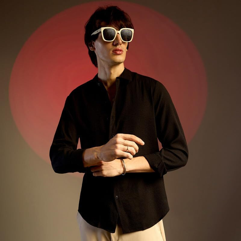 Campus Sutra Men's Polyester Midnight Black Embossed Micro Check Shirt For Casual Wear | Spread Collar | Long Sleeve | Button Closure | Shirt Crafted With Comfort Fit For Everyday Wear, Large