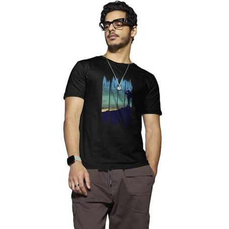 Bewakoof Men's Printed Regular Fit Half Sleeve Round Neck Cotton T-Shirt Black