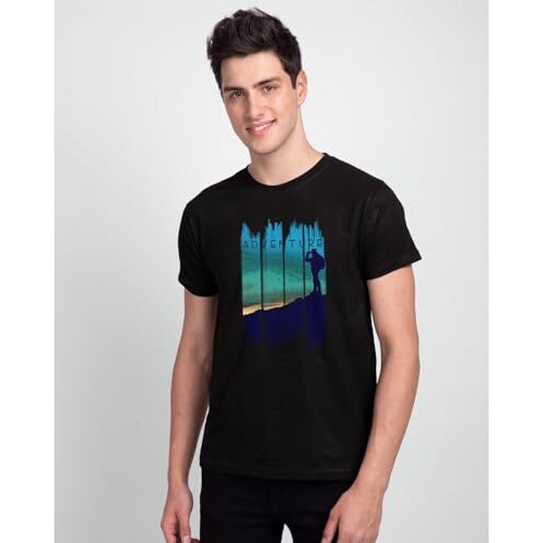 Bewakoof Men's Printed Regular Fit Half Sleeve Round Neck Cotton T-Shirt Black