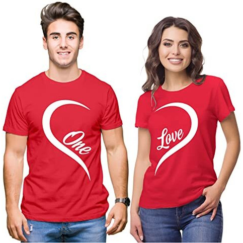 Hangout Hub Hangout-Hub-Np21 Couple Tshirts For Couples | Printed One Love Heart T-Shirts(RedMen L, Women L) Men's And Women's Round Neck T-Shirt (Pack Of 2, Cotton)