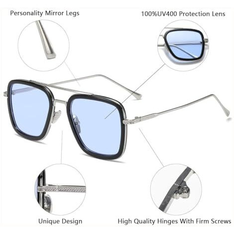 Elegante Metal Body Rectangular Inspired From Tony Stark Sunglass, Infinity War Iron Man Sunglass For Men & Boys (C1 - Silver Frame - Blue Lens)