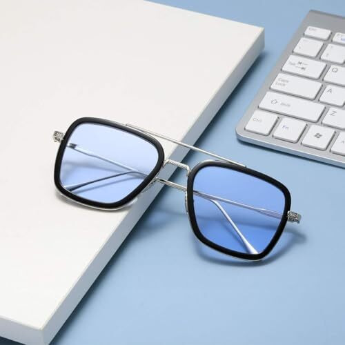Elegante Metal Body Rectangular Inspired From Tony Stark Sunglass, Infinity War Iron Man Sunglass For Men & Boys (C1 - Silver Frame - Blue Lens)