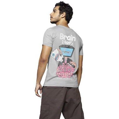 Bewakoof Men's Brain Wash Graphic Printed 100% Cotton T-Shirt - Regular Fit, Round Neck, Half Sleeves_591440_Grey_L