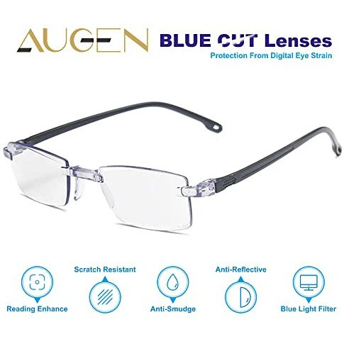 Augen Blue Block Uv Cut Rimless Reading Glasses Black Clear Unisex Free Size Power (+1.00, Pack Of 1)