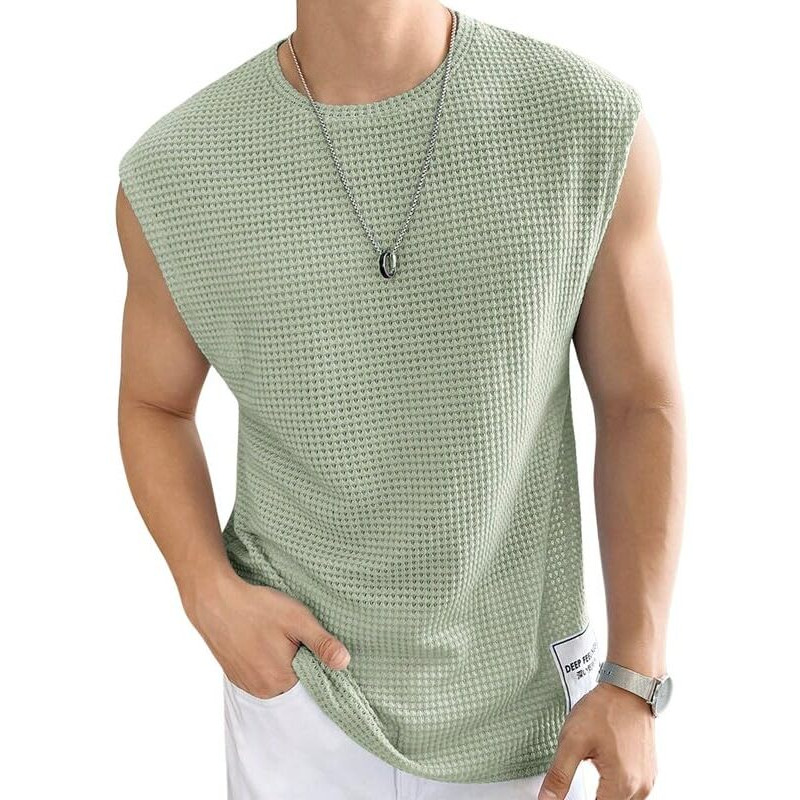 Fashfeed Mens Waffle Tank Tops Sleeveless Round Neck Polycotton Oversized Fit T-Shirt For Gym, Running And Outdoor Sea Green,Large