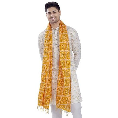 Divisive Men's Printed Art Silk Bandhani Dupatta/Stole(Ddp6_Yellow)