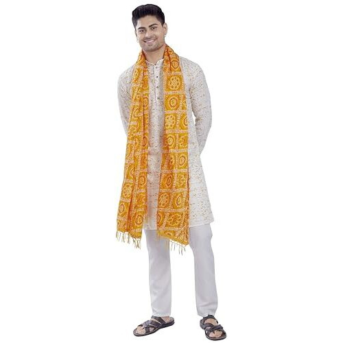 Divisive Men's Printed Art Silk Bandhani Dupatta/Stole(Ddp6_Yellow)