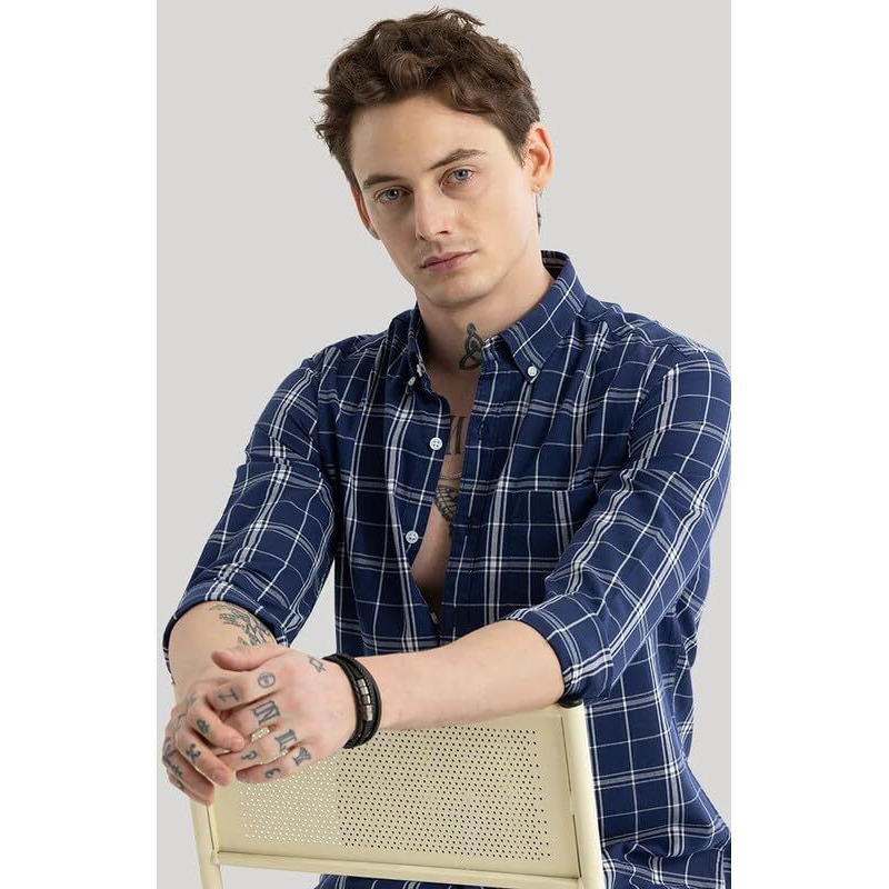 U-Turn Casual Shirt For Men|| Shirt For Men|| Stylish Latest Shirt For Men || Printed Checkered Shirt For Men (Navyblue-White Large)