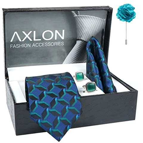 Axlon Men's 3D Micro Wooven Silk Necktie Gift Set With Pocket Square Cufflinks & Brooch Pin Tie For Men Formal Tie Set With Box (Pack Of 4) (Ax11_15, Peacock Blue)