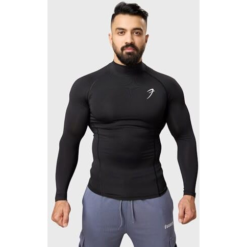 Men Full Sleeves Slim Fit Compression High Neck Sports And Gym Tshirt Black