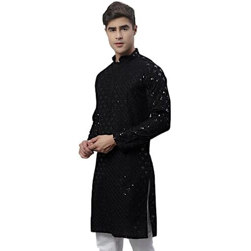 Jompers Men's Chikankari Embroidered And Sequence Kurtas Only (Black, M)