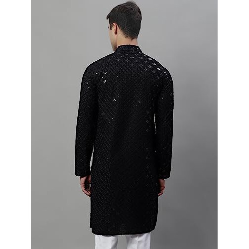 Jompers Men's Chikankari Embroidered And Sequence Kurtas Only (Black, M)