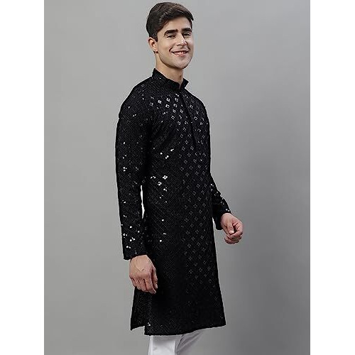 Jompers Men's Chikankari Embroidered And Sequence Kurtas Only (Black, M)