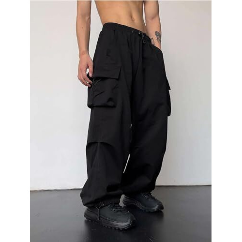 Maniac Mens Solid Side Pockets Black Nylon Fabric Baggy Fit Mid Rise Cargo Pant, Large