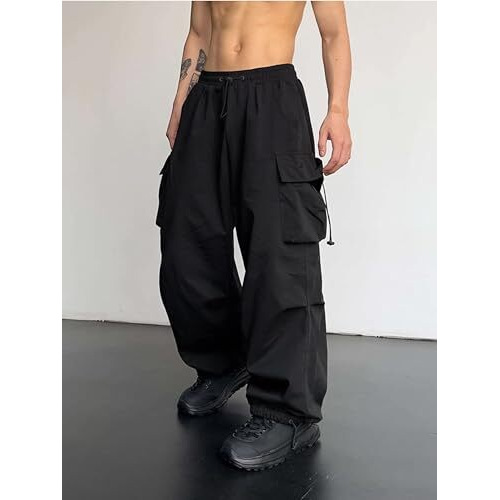 Maniac Mens Solid Side Pockets Black Nylon Fabric Baggy Fit Mid Rise Cargo Pant, Large