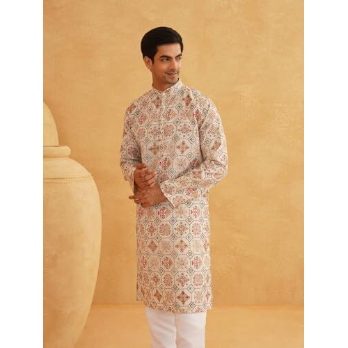 Sojanya (Since 1958 Men's Cotton Blend Printed Cream Only Long Kurta