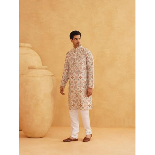 Sojanya (Since 1958 Men's Cotton Blend Printed Cream Only Long Kurta