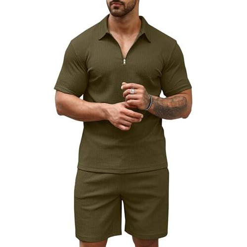 Vogaan Men's Polo Shirt And Shorts Set | Summer Fashion Short Sleeve Solid Zipper 2 Pieces Outfits For Men (Olive_M)