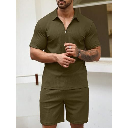 Vogaan Men's Polo Shirt And Shorts Set | Summer Fashion Short Sleeve Solid Zipper 2 Pieces Outfits For Men (Olive_M)