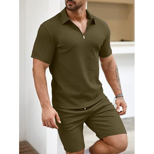 Vogaan Men's Polo Shirt And Shorts Set | Summer Fashion Short Sleeve Solid Zipper 2 Pieces Outfits For Men (Olive_M)