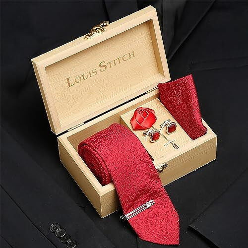 Louis Stitch Mens Floral Red Italian Silk Necktie Set With Pocket Square Cufflinks Brooch Tie (Suit Accessories) (Czech_Te)