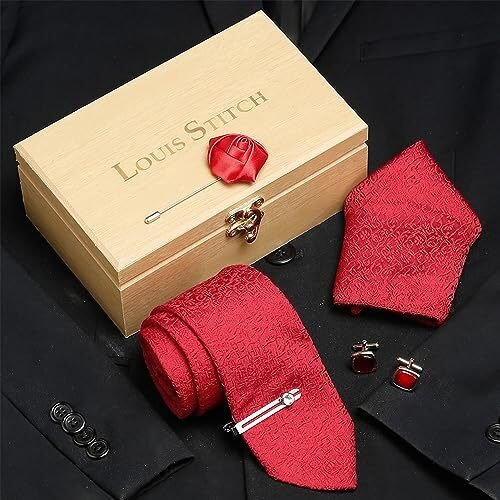 Louis Stitch Mens Floral Red Italian Silk Necktie Set With Pocket Square Cufflinks Brooch Tie (Suit Accessories) (Czech_Te)