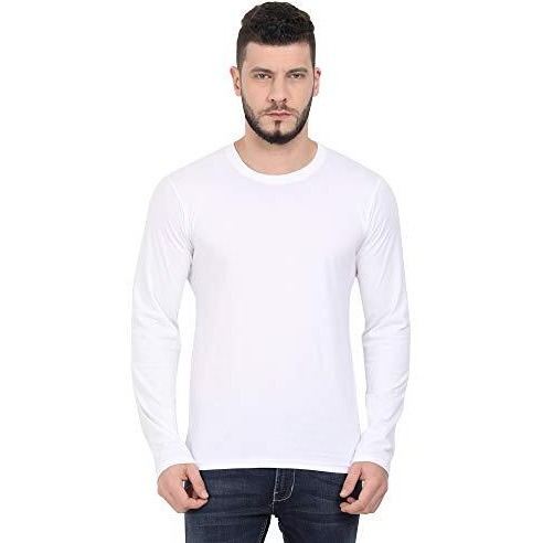 Fleximaa Men's Cotton Regular Fit Round Neck Plain Full Sleeve White Color T-Shirt L Size