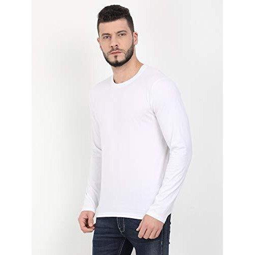 Fleximaa Men's Cotton Regular Fit Round Neck Plain Full Sleeve White Color T-Shirt L Size