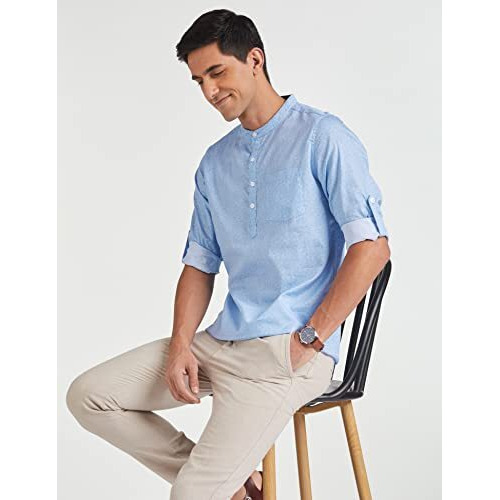 Amazon Brand - Symbol Men's Cotton Printed Kurta(Short) (Symethskur-8_Light Blue & White_2X-Large)