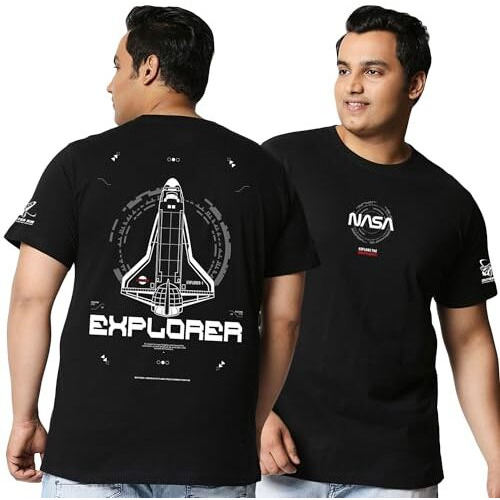 Bewakoof Official Nasa Merchandise Men's Graphic Printed Oversized Fit Half Sleeve Round Neck Cotton Plus Size T-Shirt_591105_Black_5Xl