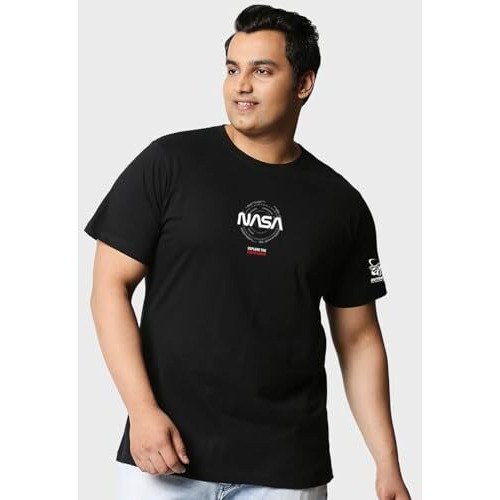 Bewakoof Official Nasa Merchandise Men's Graphic Printed Oversized Fit Half Sleeve Round Neck Cotton Plus Size T-Shirt_591105_Black_5Xl