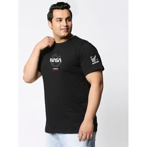 Bewakoof Official Nasa Merchandise Men's Graphic Printed Oversized Fit Half Sleeve Round Neck Cotton Plus Size T-Shirt_591105_Black_5Xl