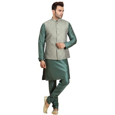 Ethluxis Silk Blend Men Floral Kurta Pyjama Jacket Set (38, Bottle Green)