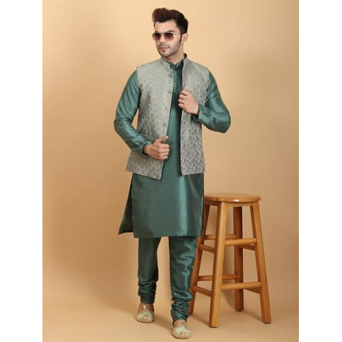 Ethluxis Silk Blend Men Floral Kurta Pyjama Jacket Set (38, Bottle Green)