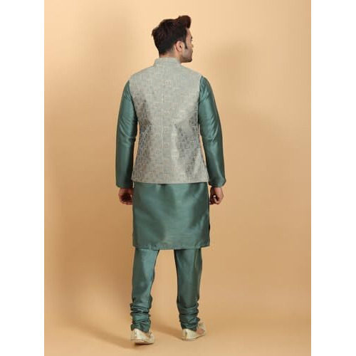 Ethluxis Silk Blend Men Floral Kurta Pyjama Jacket Set (38, Bottle Green)