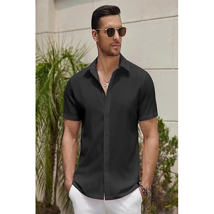 Cb-Colebrook Men's Casual Button Down Shirts Short Sleeve Linen Shirt Fashion Textured Beach Summer Shirt Hawaiian Vacation Spread Collar Shirts For Mens (In, Alpha, L, Regular, Black)