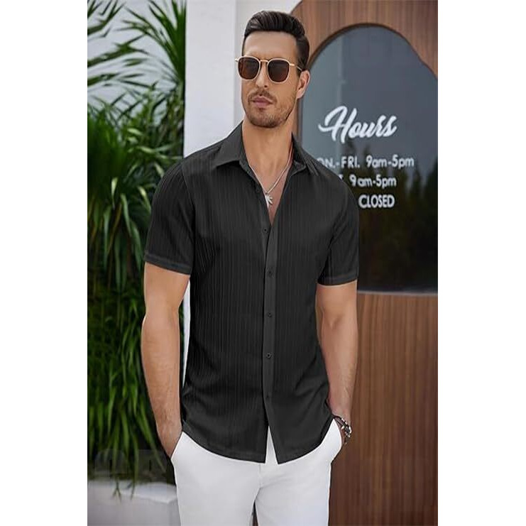 Cb-Colebrook Men's Casual Button Down Shirts Short Sleeve Linen Shirt Fashion Textured Beach Summer Shirt Hawaiian Vacation Spread Collar Shirts For Mens (In, Alpha, L, Regular, Black)