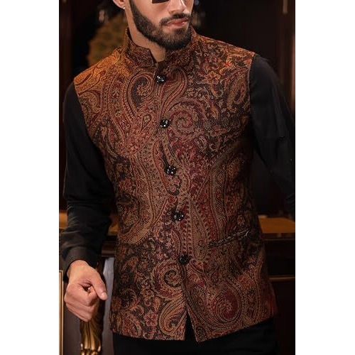 Pashtush Mens Woven Jacquard Structured Waistcoat, Slim Fit, Royal Black (40 - M)