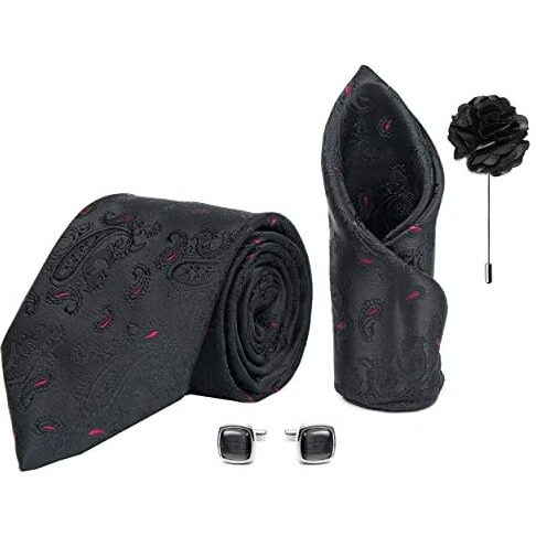 Axlon Men's Paisley Micro Wooven Silk Necktie Gift Set With Pocket Square Cufflinks & Brooch Pin Tie For Men Formal Tie Set With Box (Pack Of 4) (Ax11_2, Black)