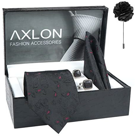 Axlon Men's Paisley Micro Wooven Silk Necktie Gift Set With Pocket Square Cufflinks & Brooch Pin Tie For Men Formal Tie Set With Box (Pack Of 4) (Ax11_2, Black)