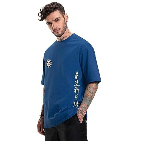 Bewakoof Men's Stoned Panda Graphic Printed Cotton T-Shirt - Oversized Fit, Round Neck, Half Sleeves_592041_Blue_M