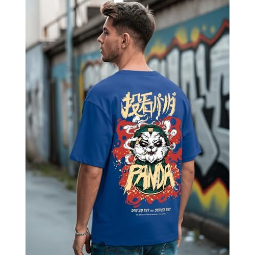 Bewakoof Men's Stoned Panda Graphic Printed Cotton T-Shirt - Oversized Fit, Round Neck, Half Sleeves_592041_Blue_M