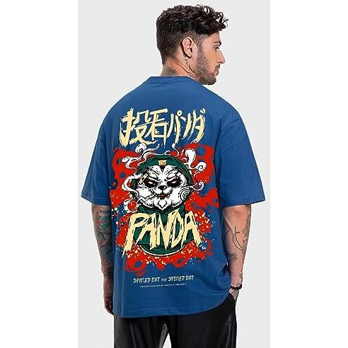 Bewakoof Men's Stoned Panda Graphic Printed Cotton T-Shirt - Oversized Fit, Round Neck, Half Sleeves_592041_Blue_M