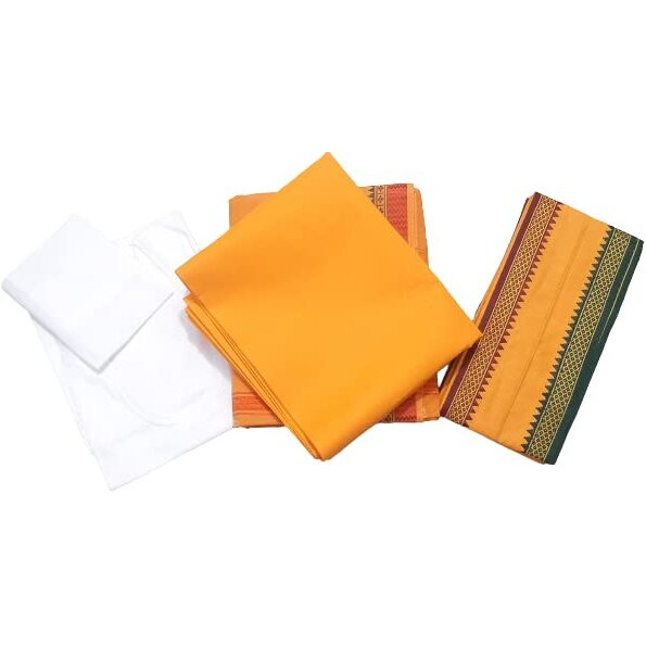 Mamraj Men's 5-Piece Pandit Dhoti Kurta Set || Unstitched Kurta,Angocha,Vest,Hanky. (Dark Yellow Border Dhoti Kurta Set, Cotton)