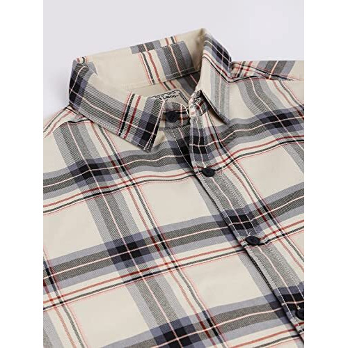 Dennis Lingo Men's Checkered Cream Slim Fit Casual Shirt With Spread Collar (Medium)