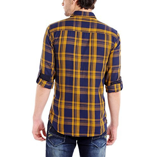 Dennis Lingo Men's Cotton Mustard Checkered Slim Fit Full Sleeves Spread Collar Casual Shirt