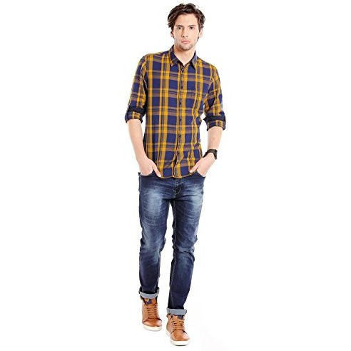 Dennis Lingo Men's Cotton Mustard Checkered Slim Fit Full Sleeves Spread Collar Casual Shirt