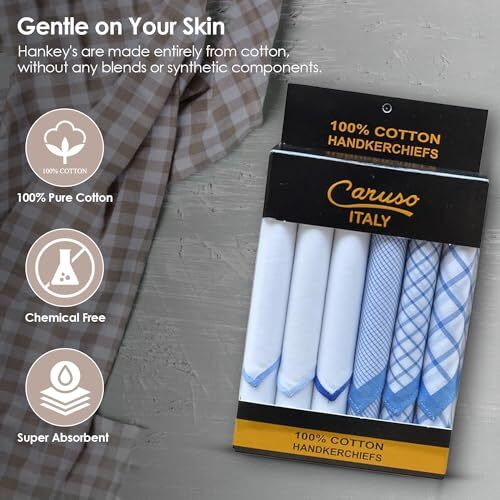 Caruso Italy Men's Italia 100% Pure Cotton Casual Style Handkerchief White Blue Checks - Pack Of 6