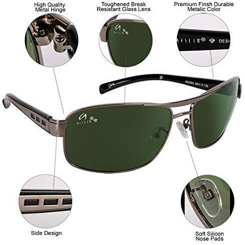 Aislin Toughened Glass Wayfarer/Rectangular Uv Protected Sunglasses For Men - (Dark Green G-15 Lens | Gun Frame | Large Size | Rb3565)