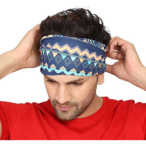 Coreteq Multicolor Sports Sweatband Headband Concealed Seam Micro-Spandex Men And Women (Aztec Navy) Free Size